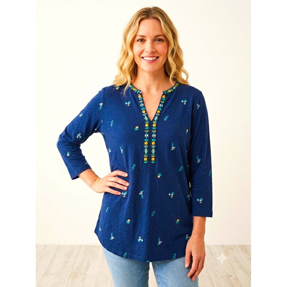 St. John's Bay Womens Peasant Top 1X Blue Floral Embroidered V-Neck 3/4 slv boho